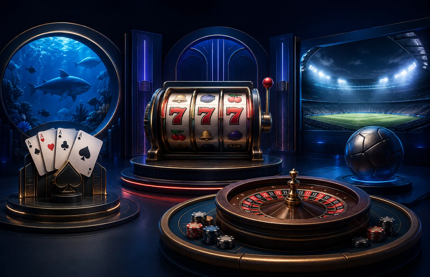 Ilustrasi kategori slot, meja kasino, dan sports dalam satu lobi digital